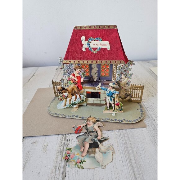 Antique Valentine 3D die cut card dog girl boy Germany cardboard‎ cutout - Picture 1 of 11